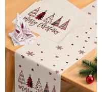 YCOLL Christmas Table Decorations - Red Winter Table Runner, Modern & Water-Resistant, with Placemats and Napkins Set for Indoor & Outdoor Use, Party, Kitchen & Dining Table Décor