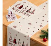 YCOLL Christmas Table Decorations - Red Winter Table Runner, Modern & Water-Resistant, with Placemats and Napkins Set for Indoor & Outdoor Use, Party, Kitchen & Dining Table Décor