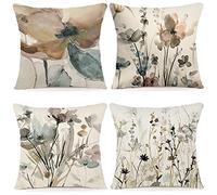 YCOLL Floral Cushion Covers 45x45 Set of 4 Linen Sofa Cushion Modern Abstract Flowers Watercolor Painting Throw Pillow for Sofa Bedroom Couch Outdoor Covers 18x18 A090
