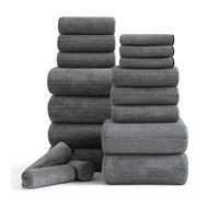 Ycosy 18 Piece Bath Towels Set,100% Microfiber Family Bathroom Towel with Hanging Loops-6 Bath Towels,6 Hand Towels,6 Washcloths,Quick Dry Highly Absorbent Shower Towel for Bathroom,Hotel,Spa-Black