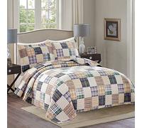 Ycosy Beige Plaid Quilt Set King Size Patchwork Quilts Bedding Plaid Reversible Bedspread Coverlet Soft Lightweight Bed Cover Set All Season,1 Quilt 2 Pillow Shams