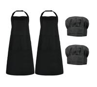 YcsRnn 2 Pack Chef Apron Set, Professional Kitchen Aprons with 2 chef hat for Men and Women, Black Canvas Aprons with 2 Pockets for Cooking Protection, Outdoor Grilling and Craft Projects, (Black)