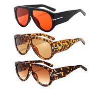 YcsRnn 3Pcs Oversized Sunglasses, 70s Sunglasses, Oversized Sunglasses Womens, Three-Pack Set with Black Frame Red Lens, Leopard Print Frame Tea Lens, Tortoiseshell Frame Gradient Tea Lens