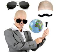 YcsRnn Bald Cap Pitbull, Complete Costume Set for Music Festivals and Parties, Includes Bald Cap with Gold Trim Sunglasses, Inflatable 16-Inch Globe, Black Soul Patches
