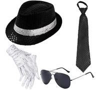 YcsRnn MJ Costume Accessories, 4Pcs 80s Dancer Rocker Star Cosplay Set with Jazz Hat, Gloves, Tie and Sunglasses, King of Pop Fancy Dress for Halloween Party, Dance Performance and Theme Events