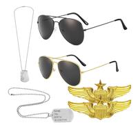 YcsRnn Top Gun Costume Men, Military Aviator Sunglasses with Dog Tags, 2 Pairs Pilot Glasses and 2 Hero Medal Necklaces for Role Play, Halloween Party, Cosplay