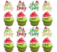 YCTHUNFISH 24 Pack Grinch Christmas Oh Baby Cupcake Toppers Glitter Baby Shower Grinchmas Cupcake Picks for Grinchmas, Christmas, New Year Theme Party Cake Decorations Colorful