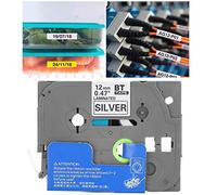 Yctze 12mm Black on Matte Silver Label Tape Ribbon Printers - Durable, Abrasion Resistant Labeler Ribbon Ideal Supplies - Compatible with PT-E100B and PT-9700