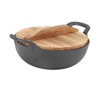 Yctze Cast Iron Wok with Wooden Lid - Uncoated Stir Fry Pan for Authentic Asian Cooking, Frying, Grilling, and Steaming (25cm)