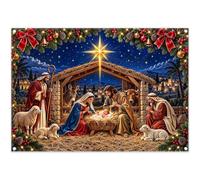 YCUCUEI 7x5ft Fabric Christmas Manger Scene Photography Backdrop | Nativity of Jesus Background, Religious Family Party Decorations, Bethlehem Star Magi Sheep Banner, Christian Photo Booth