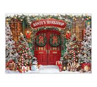 YCUCUEI 7x5ft Fabric Christmas Santa's Workshop Backdrop Winter Snowy Scene Xmas Pine Tree Snowman Photography Background Family Holiday Party Decor Photo Banner Props
