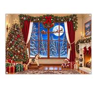 YCUCUEI 7x5ft Fabric Christmas Window Scene Photography Backdrop | Xmas Tree Fireplace, Winter Party Decorations, Santa Snowy Night Forest Banner, Holiday Photo Booth, Polyester, Grommets, 1PC