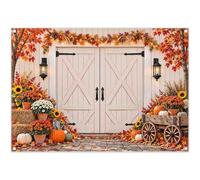 YCUCUEI 7x5ft Fabric Fall Backdrop White Barn Door Photography | Maple Leaves Floral Background, Autumn Harvest Party Decorations, Pumpkin Haystack Banner, Family Photo Booth, Polyester, 1PC