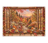 YCUCUEI 7x5ft Fabric Fall Window View Photography Backdrop | Maple Leaves Floral Pumpkin, Harvest Party Decorations, Sunset Forest Banner, Autumn Photo Booth, Polyester, Grommets, 1PC
