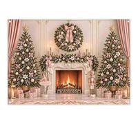 YCUCUEI 7x5ft Fabric Pink Christmas Fireplace Photography Backdrop | Xmas Tree Background, Girl Holiday Party Decorations, Bow Curtain Floral Banner, Family Photo Booth, Polyester, Grommets, 1PC