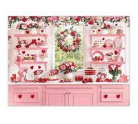 YCUCUEI 8x6ft Fabric Valentines Day Pink Kitchen Backdrop Red Heart Flowers Roses Strawberry Cake Photography Background Romantic Anniversary Party Decorations Photo Booth Banner