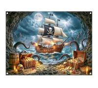 YCUCUEI 8x6ft Fabric Vintage Pirate Ship Backdrop | Storm Ocean Full Moon Photography, Treasure Cave Octopus Background, Kids Halloween Party Decorations, Photo Booth Banner