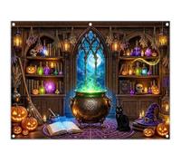 YCUCUEI 8x6ft Halloween Witch Magic Pot Window Photography Backdrop | Full Moon Night Background, Spooky Holiday Party Decorations, Bookshelf Banner, Mystery Photo Booth, Polyester, Grommets, 1PC