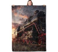 YCUFN Vintage Steam Train Flannel Blanket Railway Scene and Sunset Design Warm Lightweight Throw Blankets for Sofa Picnic Travel and Gathering Decorate All Season Use Men Women Gifts 60x80in