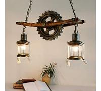YCVAWEOD LED Pendant Light Industrial Wood Wrought Iron Hanging,Retro 2-Lamp Height Adjustable Chandelier,for Bedroom Living Room Loft Dining LWX