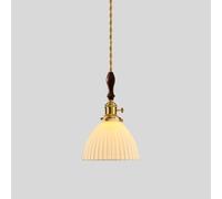 YCVAWEOD White Ribbed Ceramic Pendant Light 6.7" Dome Hanging Lamp Brass Ceiling Lighting Fixture Nordic Dome Pendant Lights for Dining Room Kitchen Island Bedroom Wood Droplight LWX