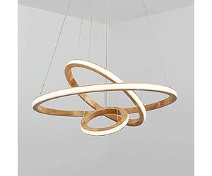 YCVAWEOD Wooden Annulus Pendant Light, Ultra-Thin Log Hanging Lamp with Acrylic Shade, 3-Ring DIY Adjustable Chaner Lighting Fixture, Dining Room Suspension Lamps, Modern LED Drop Lights LWX