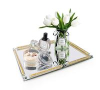 YCWF Large Mirror Perfume Tray for Dresser,Crushed Diamond Filled Glass Vanity Tray,Gold Decorative Bathroom Tray,Crystal Tray for Home Decorative,Party,Hotel Banquet,15.7x11.8x1.4inch,Gold