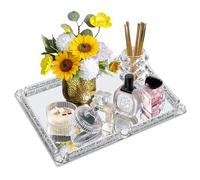 YCWF Large Mirror Perfume Tray for Dresser,Crushed Diamond Filled Glass Vanity Tray, Silver Decorative Bathroom Tray,Crystal Tray for Home Decorative,Party,Hotel Banquet,15.7x11.8x1.4inch