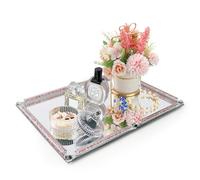 YCWF Large Mirror Perfume Tray for Dresser,Pink Crushed Diamond Filled Glass Vanity Tray,Decorative Bathroom Tray,Crystal Tray for Home Decorative,Party,Hotel Banquet,15.7x11.8x1.4inch,Pink