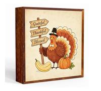 YCYD Grateful Thankful Blessed Wooden Box Sign Turkey Thanksgiving Decor