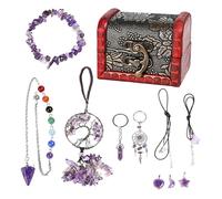 ycyingcheng Amethyst Crystal Set, Spiritual Gift Box with Necklace, Bracelet, Pendulum, Car Pendant, Keychain for Women, Chakra Healing, Anxiety Relief, Reiki Energy, Premium Gift