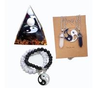 ycyingcheng Taichi Healing Crystal Set with Opal Obsidian Necklace & Howlite Bracelet - 6cm Feng Shui Pyramid for Wealth Protection, Yoga Meditation Spiritual Gift, Chakra Energy Jewelry (Unisex)