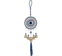 ycyingcheng Turkish Blue Evil Eye Wind Chime, Vintage Metal & Glass Hanging Ornament, Handmade Nazar Protection Charm Keychain for Home Protection Decor Gift (Golden Bell Flower Plate)