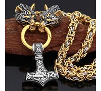 YCYR Viking Thor's Hammer Pendant Jewelry, Norse Mythology Pagan Mjolnir Necklace, Men Vintage Handmade Wolf Head Byzantine Chain Amulet,Silver,70CM