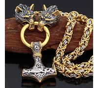 YCYR Viking Thor's Hammer Pendant Jewelry, Norse Mythology Pagan Mjolnir Necklace, Men Vintage Handmade Wolf Head Byzantine Chain Amulet,Mixed Gold,70CM