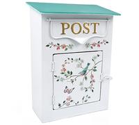 YCYRF Vintage Mail Boxes for House Outside, Antique Nostalgic Metal Mailbox Wall Mount, Bird and Flower Pattern For Farmhouse Shed Fence Gate 9×5×12in White