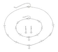 YCYUYK Vintage Four Leaf Flower Neckwear Set, Silver Tone Zirconia Lucky Jewellery, Dainty Necklace Earrings Bracelet Memento, Christmas Valentines Day Present