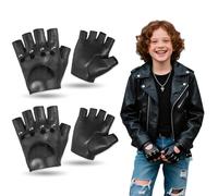 YCZARD 2Pairs PU Leather Punk Fingerless Gloves for Kids, Hollow Out Stylish Gothic Leather Studded Biker Gloves, Punk Costume Glove Cosplay Halloween Performance for Kids 8-12 Years Boys Girls