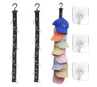 YDAKGUEY Baseball Cap Storage Black, 3 Pcs Hat Holder Rack with 8 Stainless Steel Clips & Self-Adhesive Hooks, Cap Organiser for Door Closet Storage Display(70cm Long)