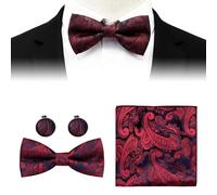 YDAKGUEY Burgundy Red Bow Tie for Men, Paisley Bowtie Set with Pocket Square & Cufflinks, Formal Accessory for Weddings, Business & Special Occasions