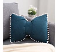 YDBDAT Boho Decorative Throw Pillow Covers with Pom Poms Soft Velvet Pillow Cases Bow Lumbar Pillow Covers 14 x 20 Cushion Case for Bed Couch Living Room Decor Teal Blue