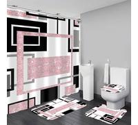 Yddsky 4 Pcs Pink Geometric Shower Curtain Sets Non-Slip Bath Rugs, Toilet Cover, U-Shaped Mat, Pink Geometric Modern Bathroom Decor with 12 Hooks