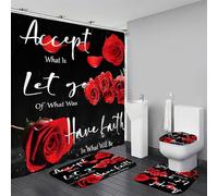 Yddsky 4 Pcs Red Rose Shower Curtain Sets Non-Slip Rugs Bath Mat Toilet Cover U Shaped Mat Thankful Grateful Blessed Black Red Shower Curtain with 12 Hooks Bathroom Set