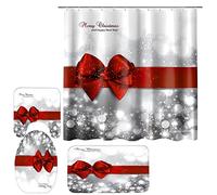 Yddsky 4 Pcs Xmas Element Waterproof Tub Curtains with Bath Rugs, Washable Non-Slip Mat, Christmas Shower Curtain Set for Bathroom Decorations, Toilet Cover and Hooks for Holiday Inside Outside Decor