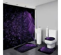 Yddsky Purple Rose 4 Pcs Shower Curtain Sets Non-Slip Rugs Bath Mat Toilet Cover U Shaped Mat Black Purple Shower Curtain with 12 Hooks Red Rose Valen