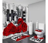 Yddsky Red Rose 4 Pcs Shower Curtain Set Non-Slip Rugs Bath Mat Toilet Cover U Shaped Mat Black Red Shower Curtain with 12 Hooks