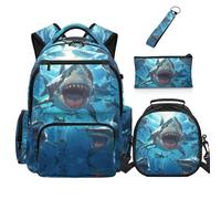 YDFISH Boys Backpack 4-6 Shark Bookbag Set for Boys 4 Pieces School Bag and Lunch Bag Set for Kids Lightweight Backpacks for Students Back to School Gifts