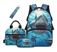 YDFISH Boys Backpack 4-6 Shark Boys School Bag with Lunch Bag 4 Pieces Bookbag Set for School 17 Inch Polyester Backpack for Elementary Students Casual Daypack