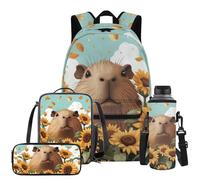 YDFISH Capybara Sunflower Kids Backpack for School Girls 7-8 8-9 Large Bookbag with Lunch Box Tote Bag Pencil Pen Case Water Bottle Holder 4PCS School Bag Set Kindergarten Elementary School Book Bag