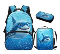 YDFISH Cartoon Shark Backpack for Boys 6-8 Boys Cute School Bag and Lunch Kit & Pencil Case 3PCS Set Boys Bookbag for Pre School Student 17inch Mochilas Escolares para NiñOs Set of 3
